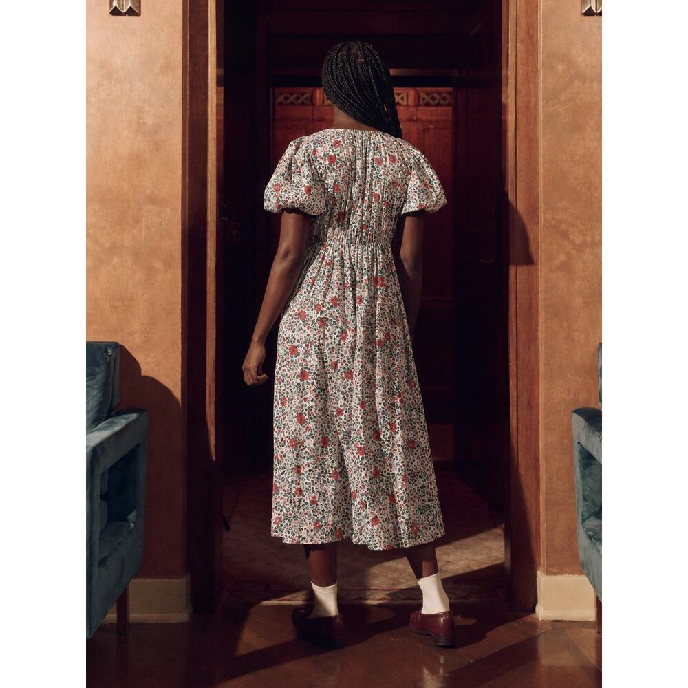 The Great. The Gallery Dress Size 1 Ivory Red Floral Puff Sleeve Cotton Maxi - Picture 3 of 11